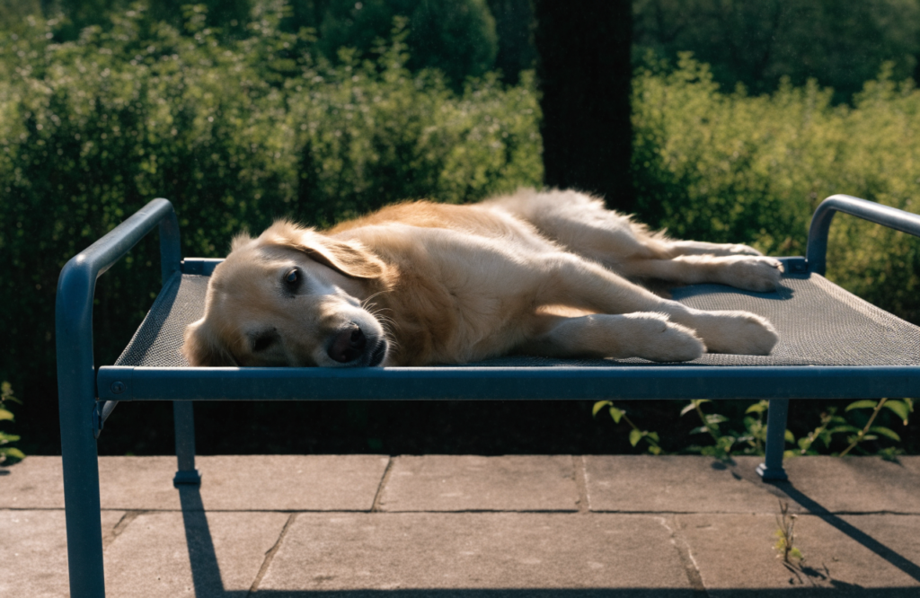 Golden Retriever lying on an elevated mesh dog cot on a patio