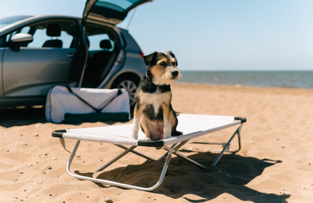 Terrier on a folding travel cot on a beach beside a car