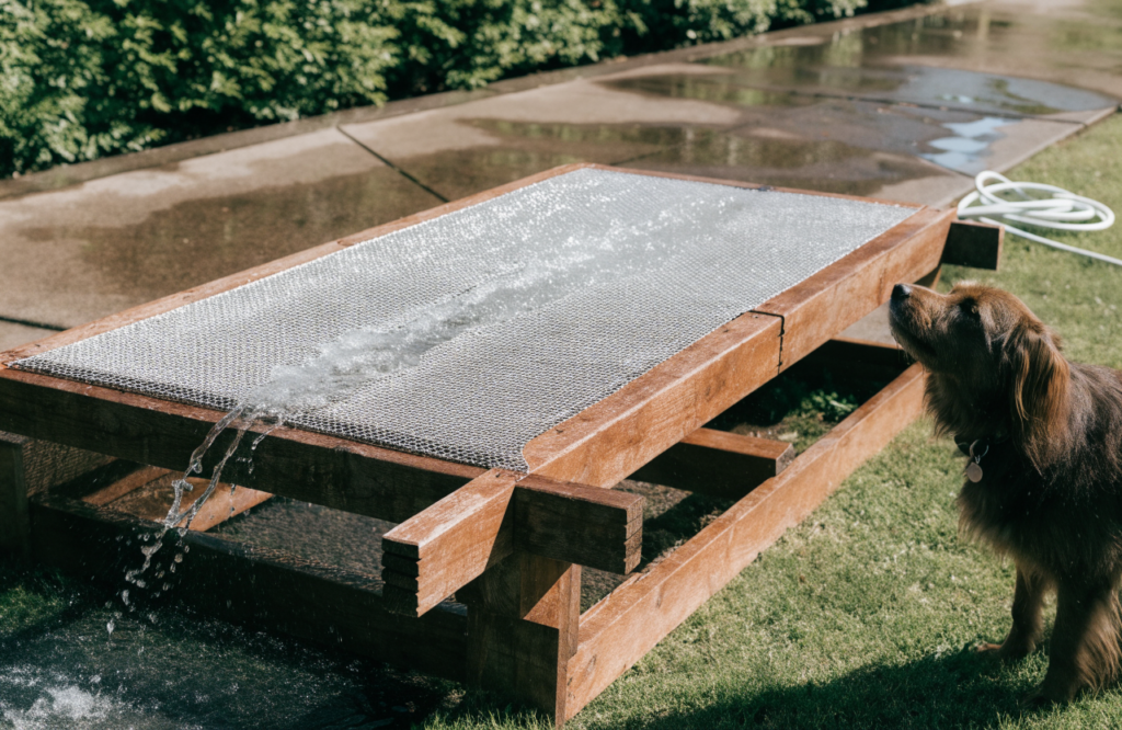 DIY lumber and mesh dog platform being hosed off on a patio