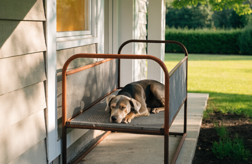 Dog on an elevated mesh cot in afternoon shade away from the wall