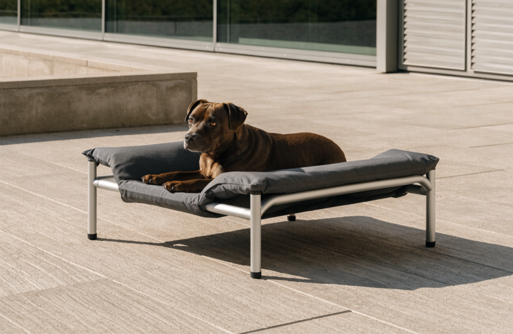 Dog on a chew-resistant aluminum-frame outdoor cot on a concrete patio