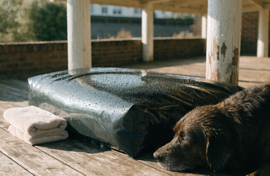 Waterproof PVC-covered dog mattress with water beading on a porch