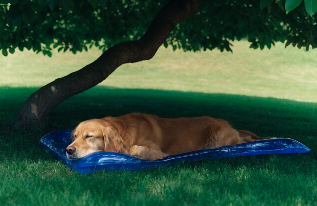 Golden Retriever on a gel cooling mat in the shade of a tree