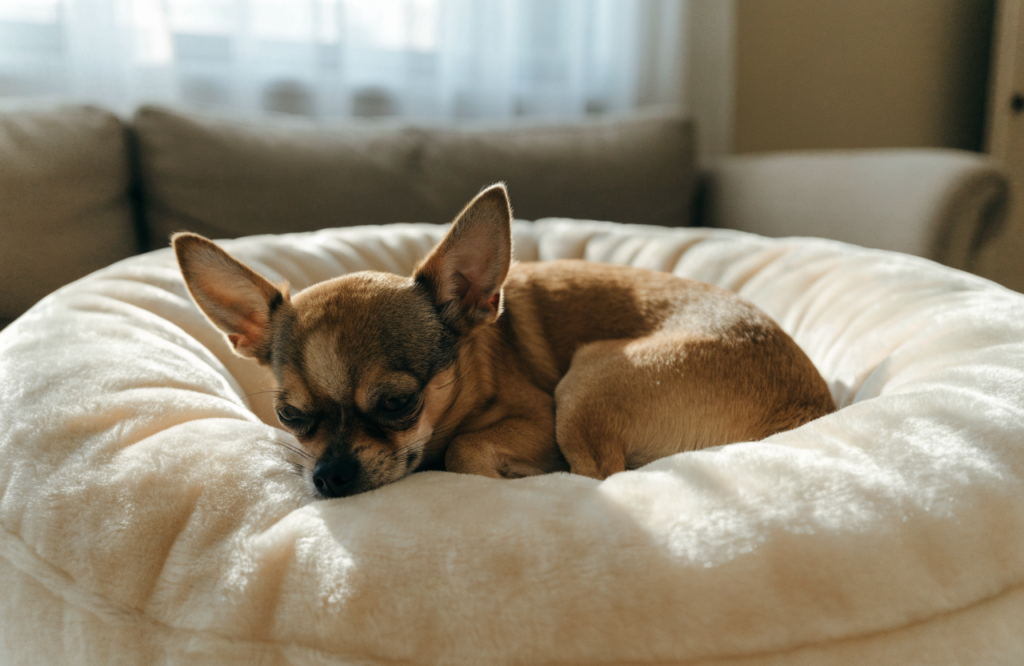 Chihuahua curled in a ball inside a round donut dog bed