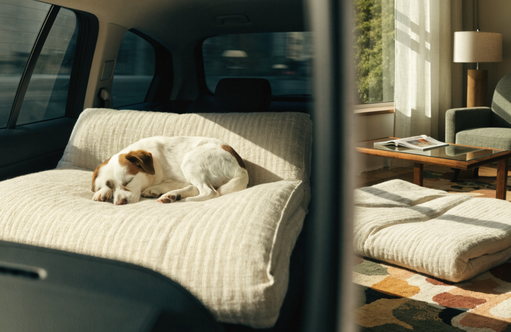 Small dog on a fold-flat travel bolster bed in a car