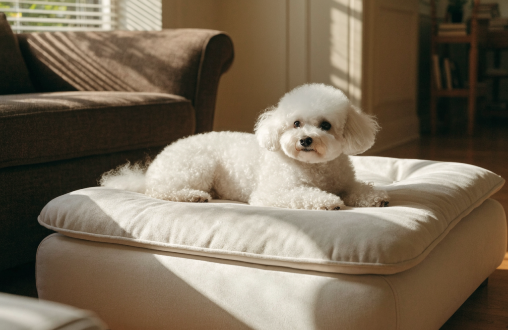 Bichon Frise on a furniture-height pet ottoman bed beside a sofa
