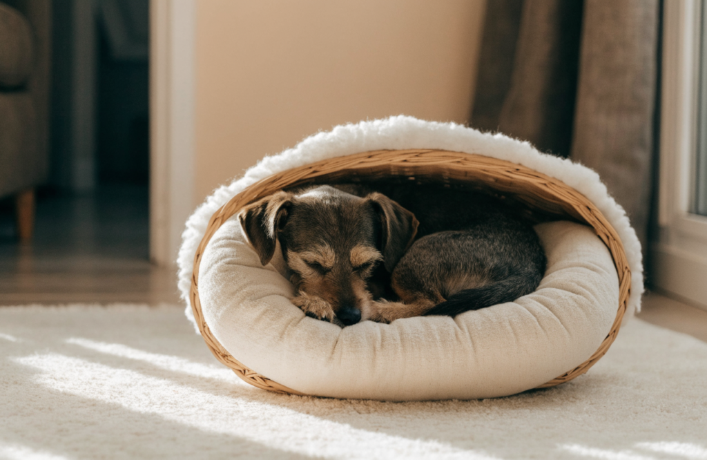 Small terrier curled in a DIY nest of a cushion and fleece in a basket