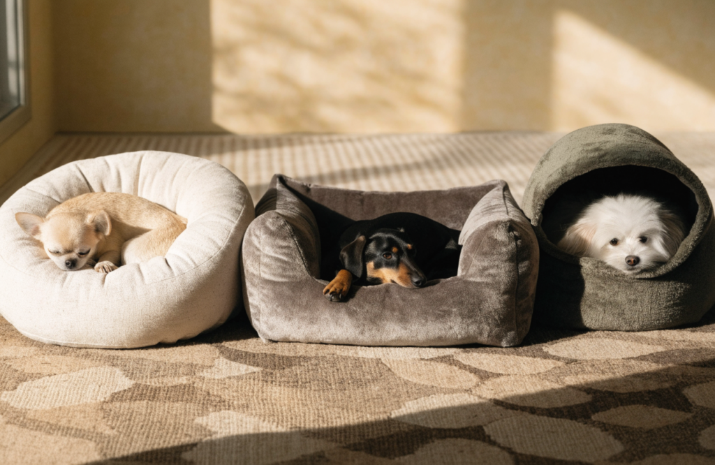 Donut, bolster and cave beds matched to three small dogs sleep styles