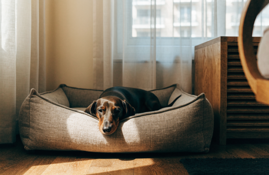 Dachshund resting its chin on a low-front bolster sofa bed