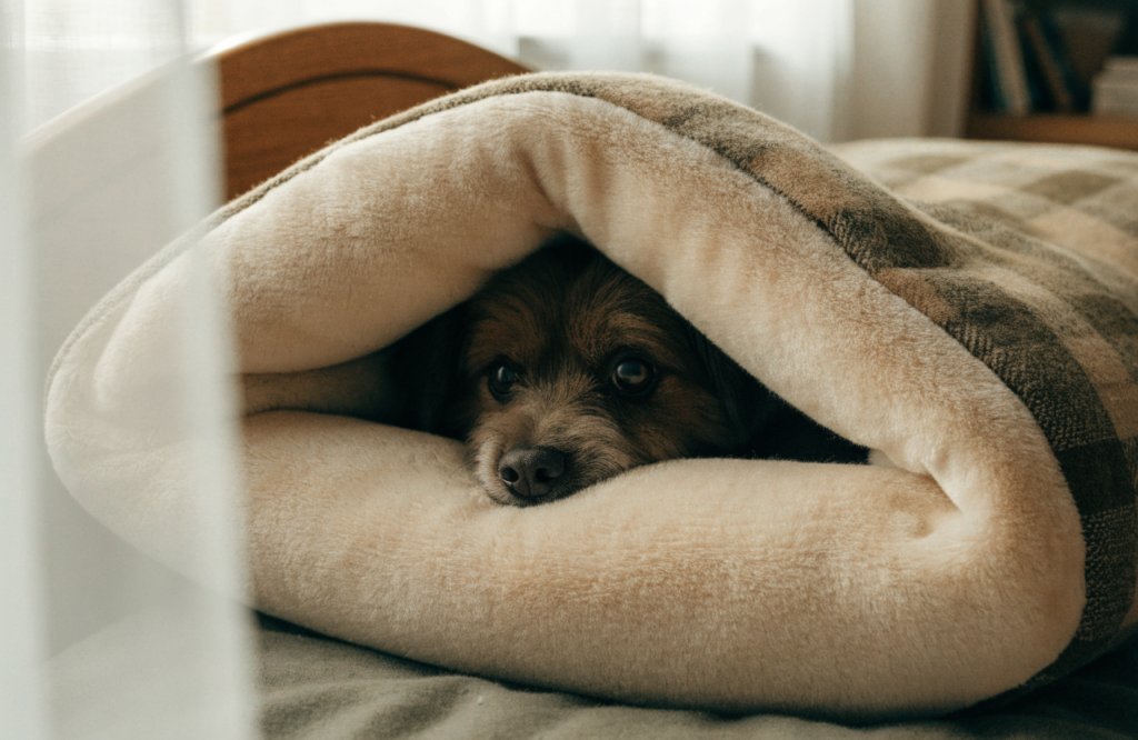 Small dog peeking out of a hooded cave dog bed