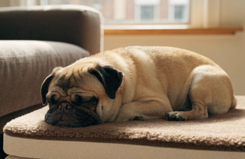 Senior Pug on an orthopedic foam base with a soft fleece topper