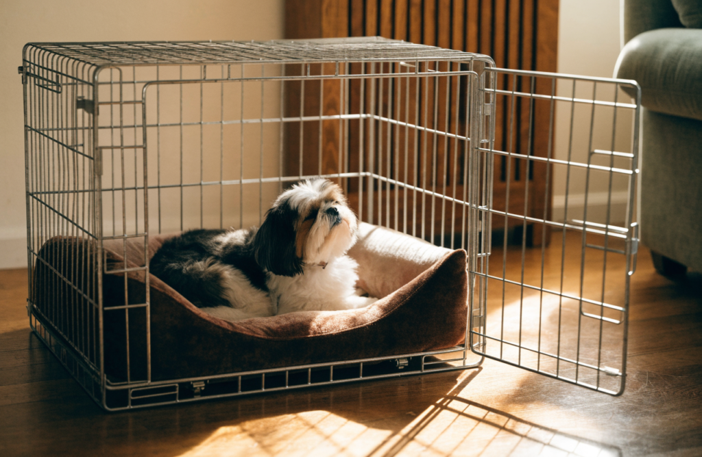 Shih Tzu on a bolster pad that fills the whole crate floor