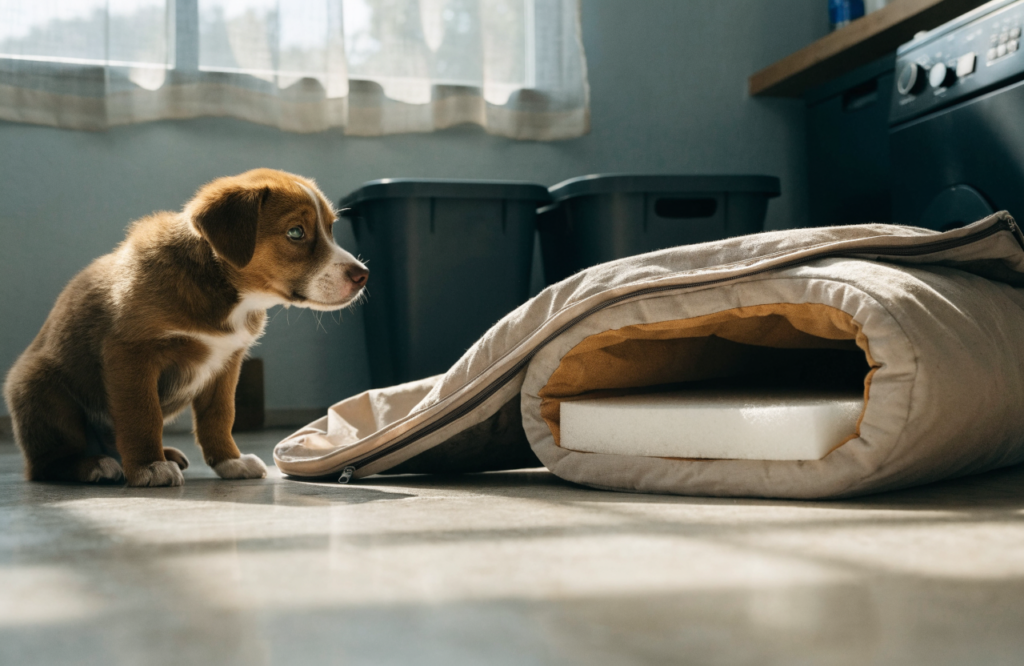 Waterproof puppy bed unzipped to show the liner and foam core