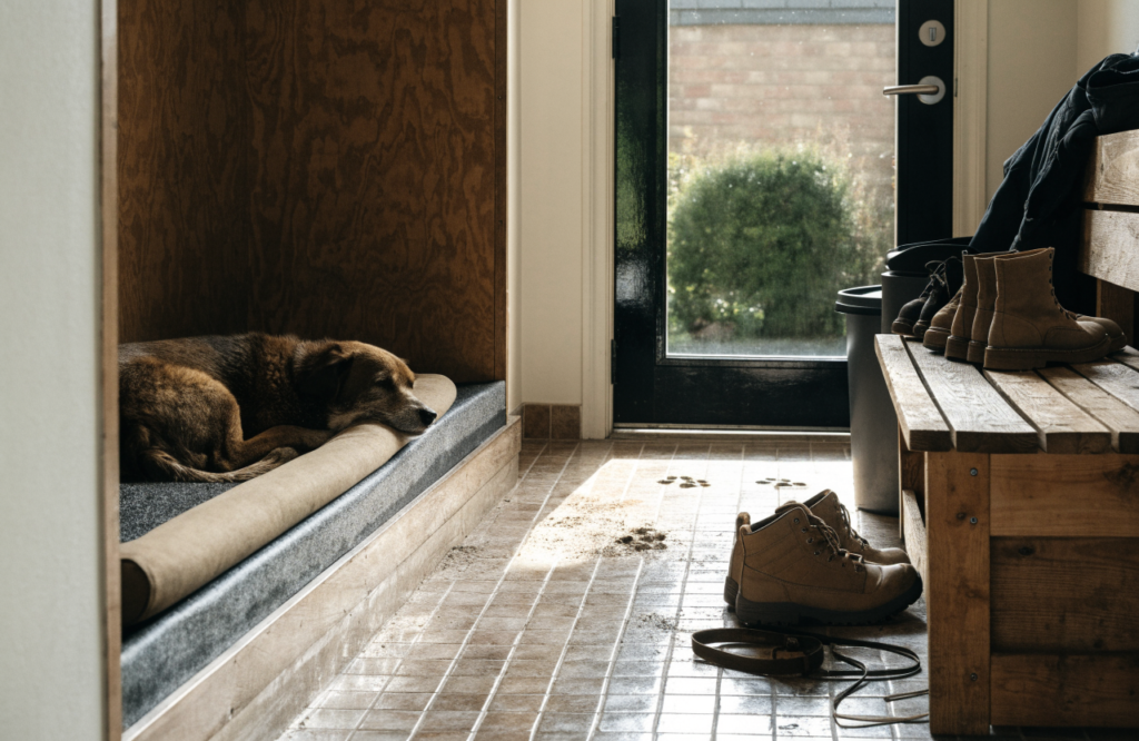 Dog resting in an open bay beside a mudroom bench