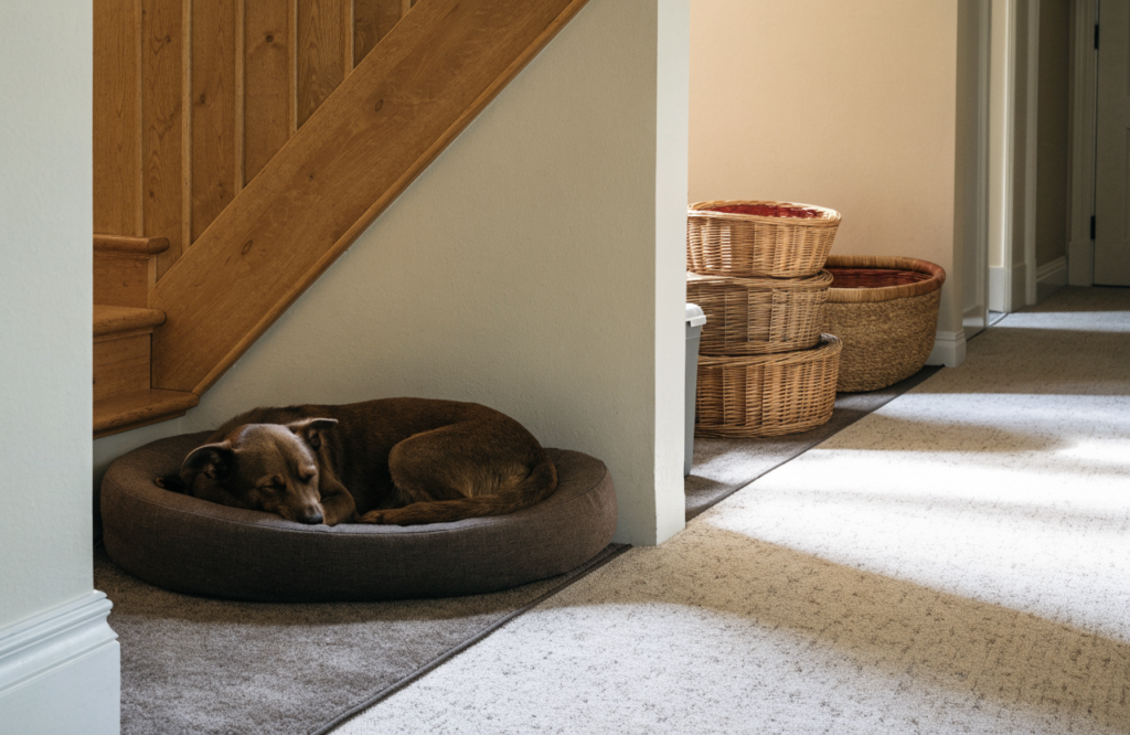 Dog bed in the tall zone of an under-stair nook with baskets in the low zone