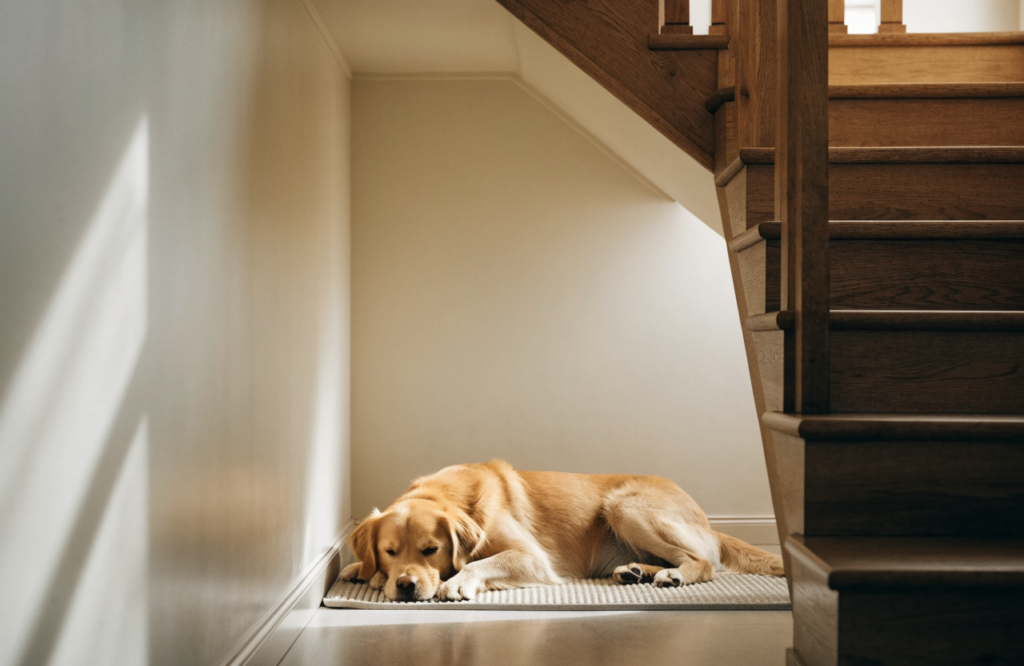 Golden Retriever on a flat orthopedic mat in an open under-stair alcove