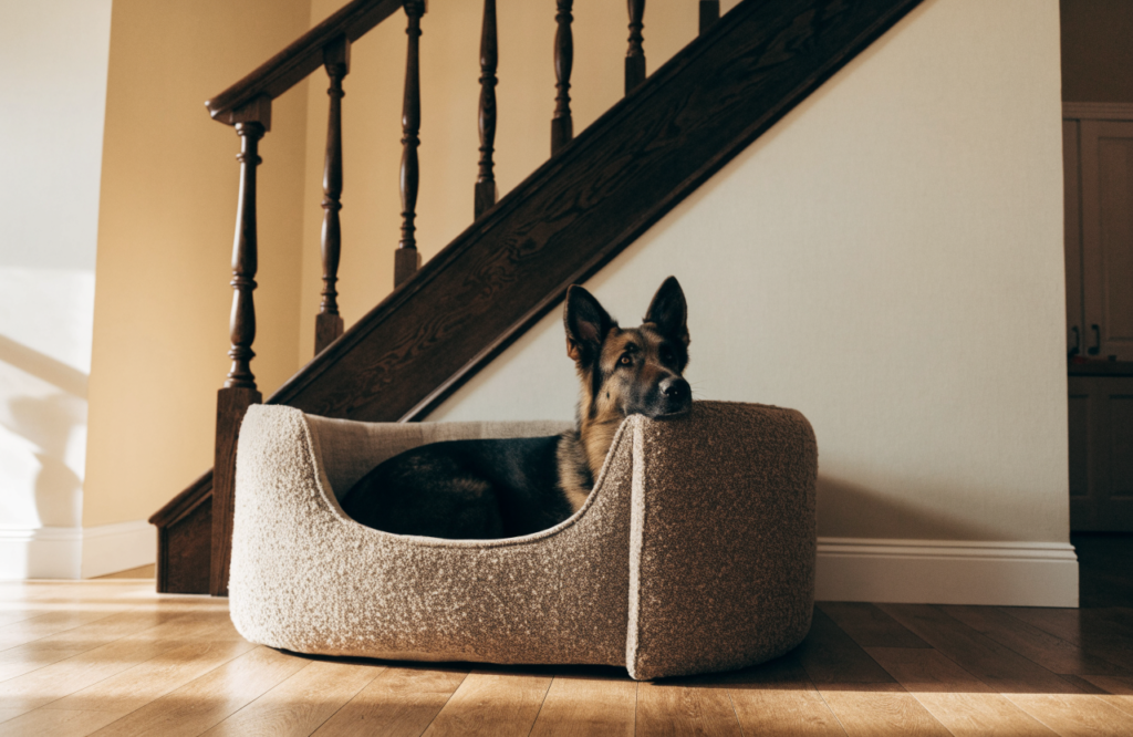 German Shepherd resting its chin on a bolster bed under the stairs