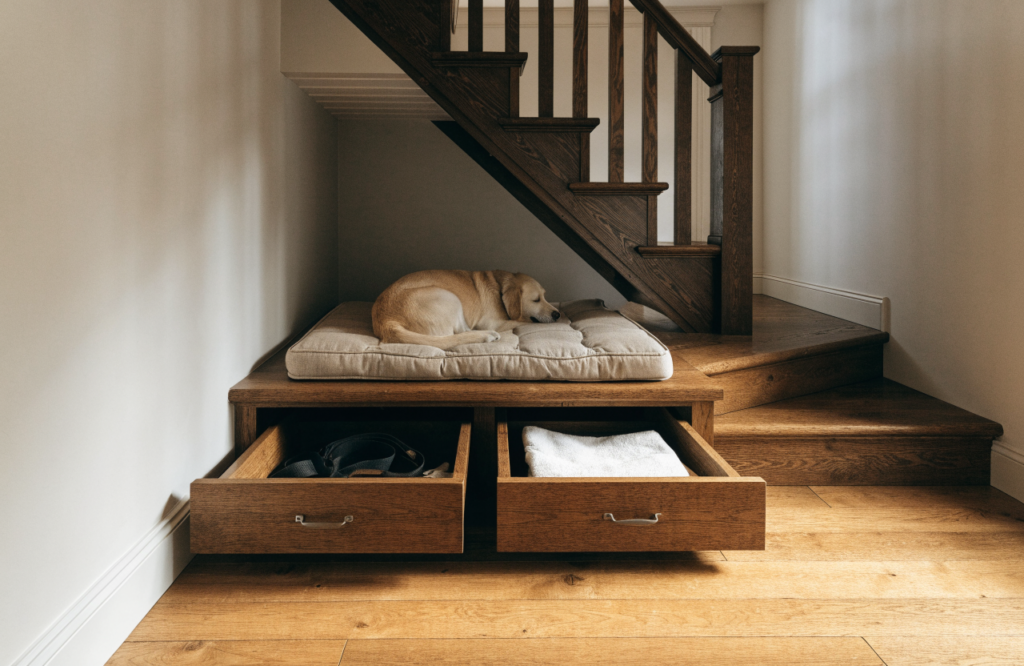 Dog on a raised under-stair platform bed with storage drawers below