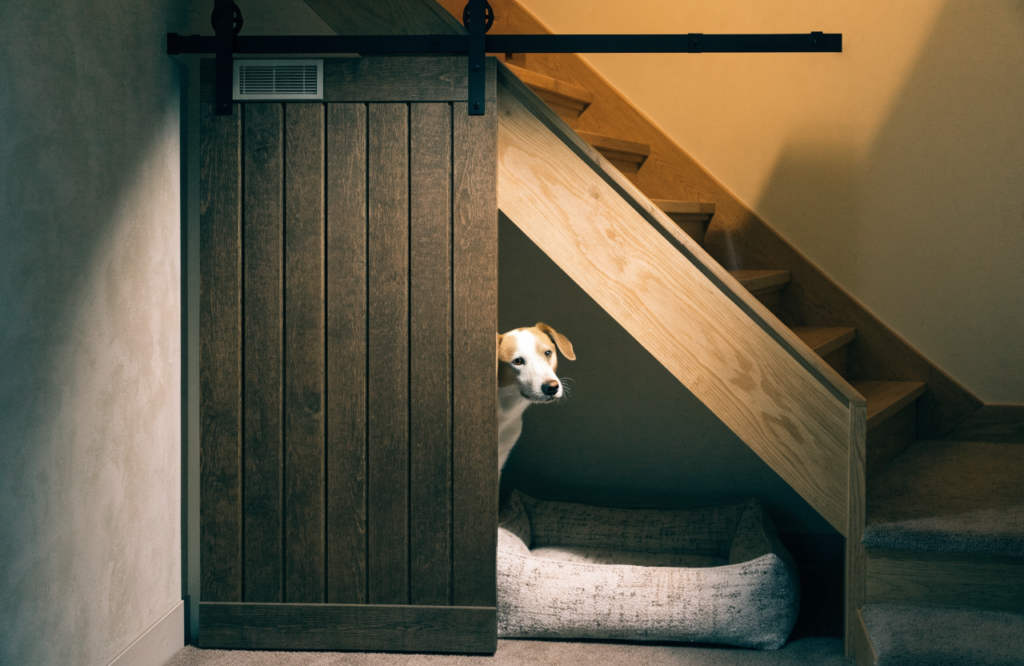 Sliding barn door opening onto a dog bed under the stairs