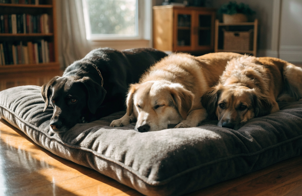 Three large dogs sharing one extra-large floor bed