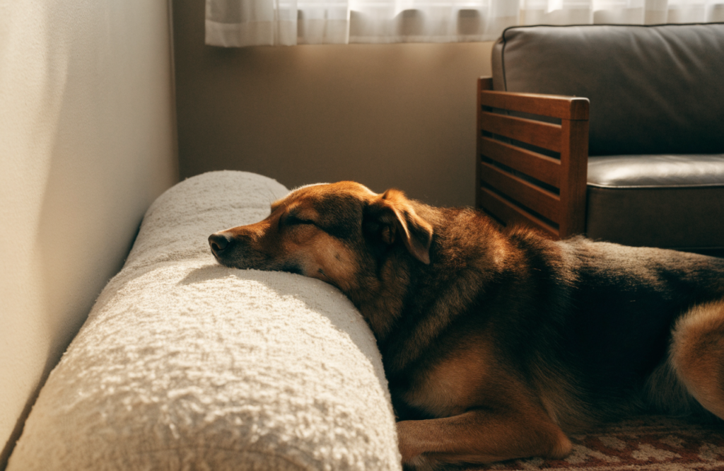 Large dog sleeping against the bolster of a corner dog bed