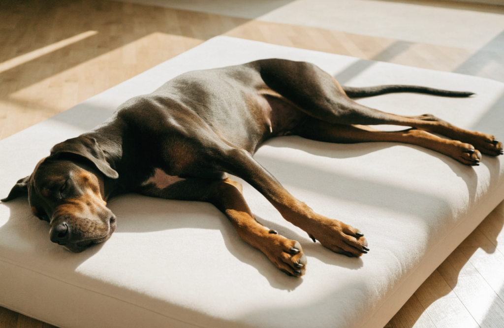 Great Dane sprawled on a flat orthopedic dog mattress