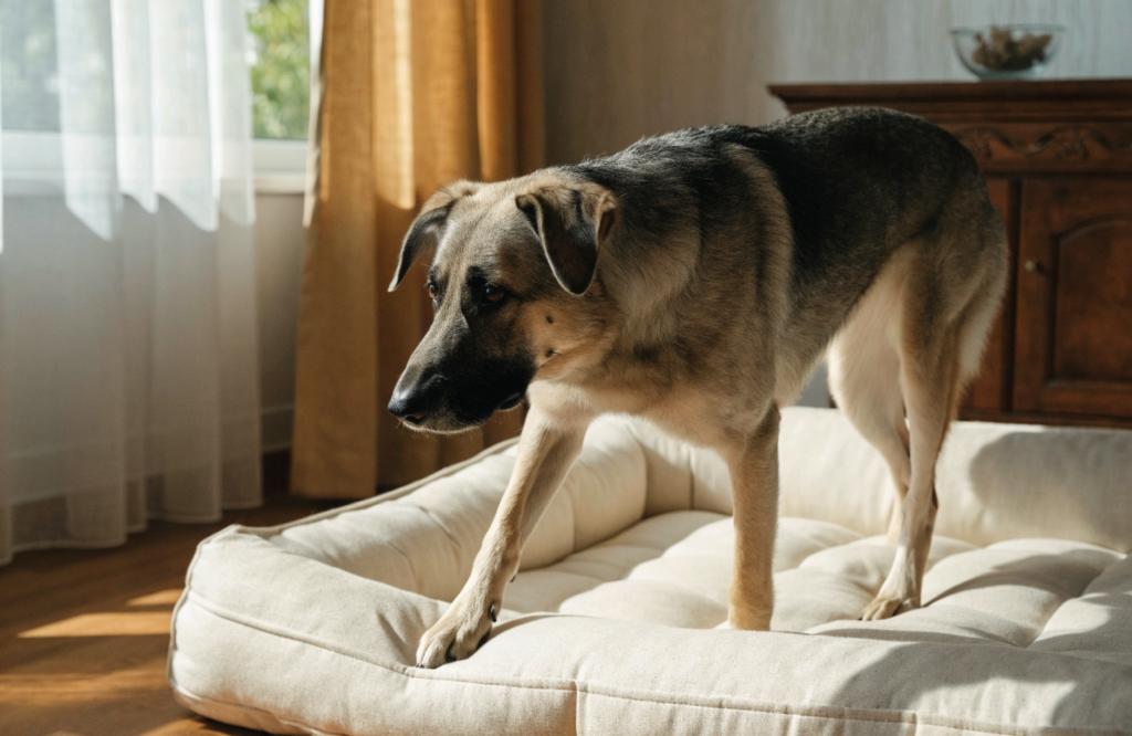 Senior dog stepping into a low-entry orthopedic dog bed