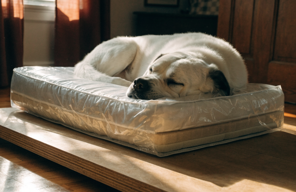Large dog on a mattress topper over a low plywood platform