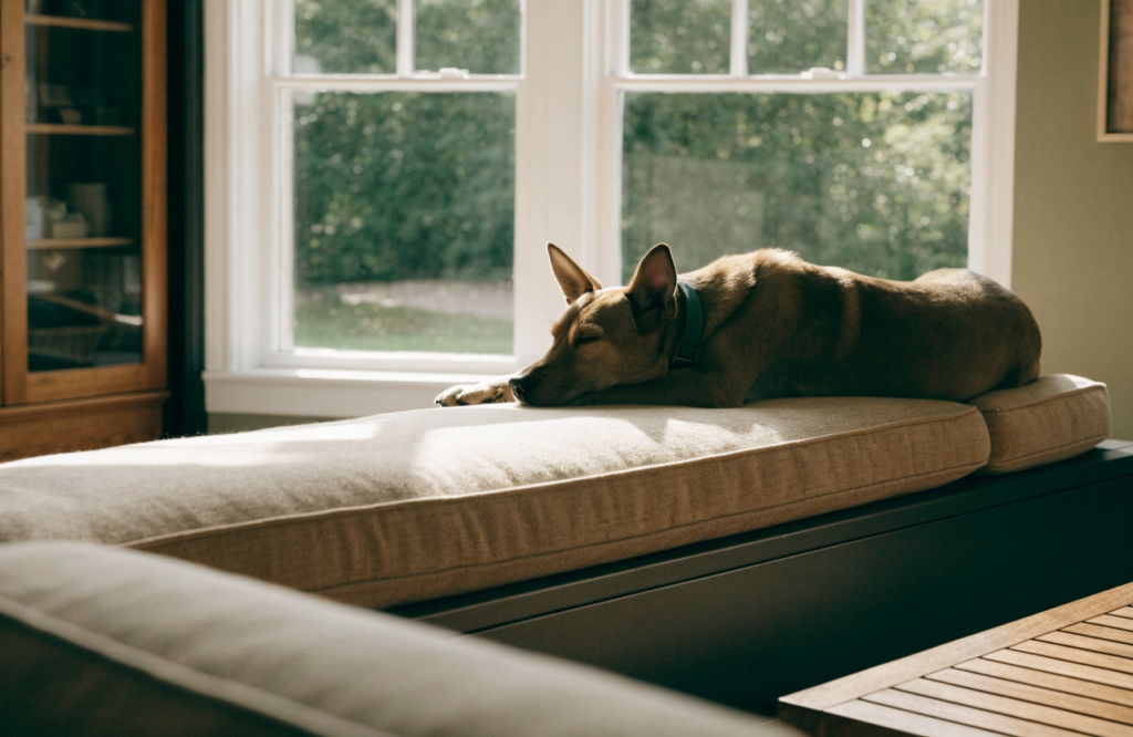 Dog napping on a cushioned window seat