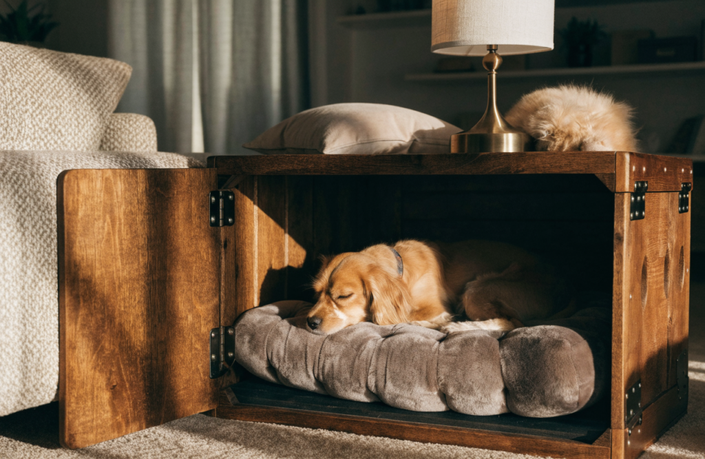 Dog on a cushion inside a wooden end-table dog crate