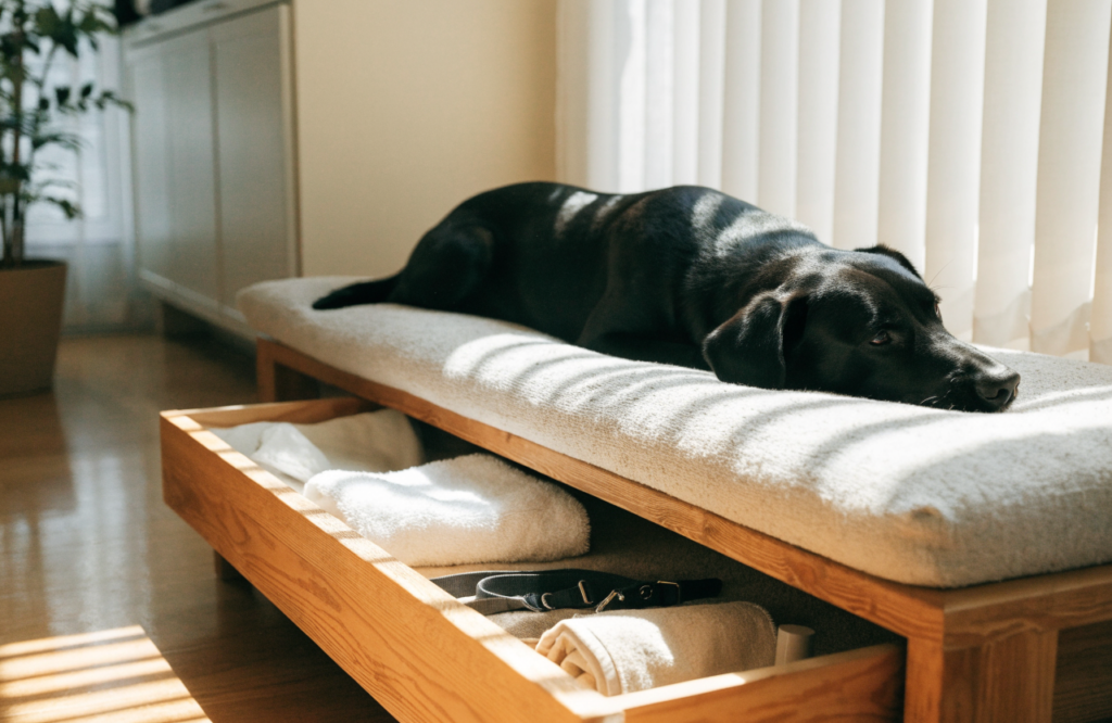 Dog on a platform bed with a storage drawer underneath