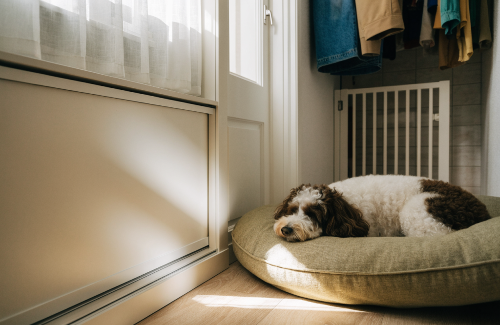 Dog resting on a bed in a walk-in closet nook