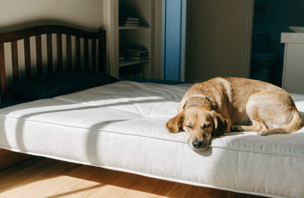 Dog sleeping on a mattress extender at the end of a bed