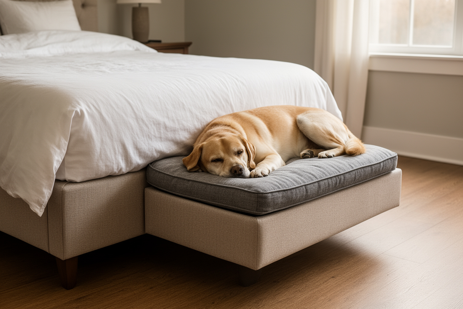 A padded dog bed extension attached to the side of a bed at mattress height, a Labrador sleeping on it.