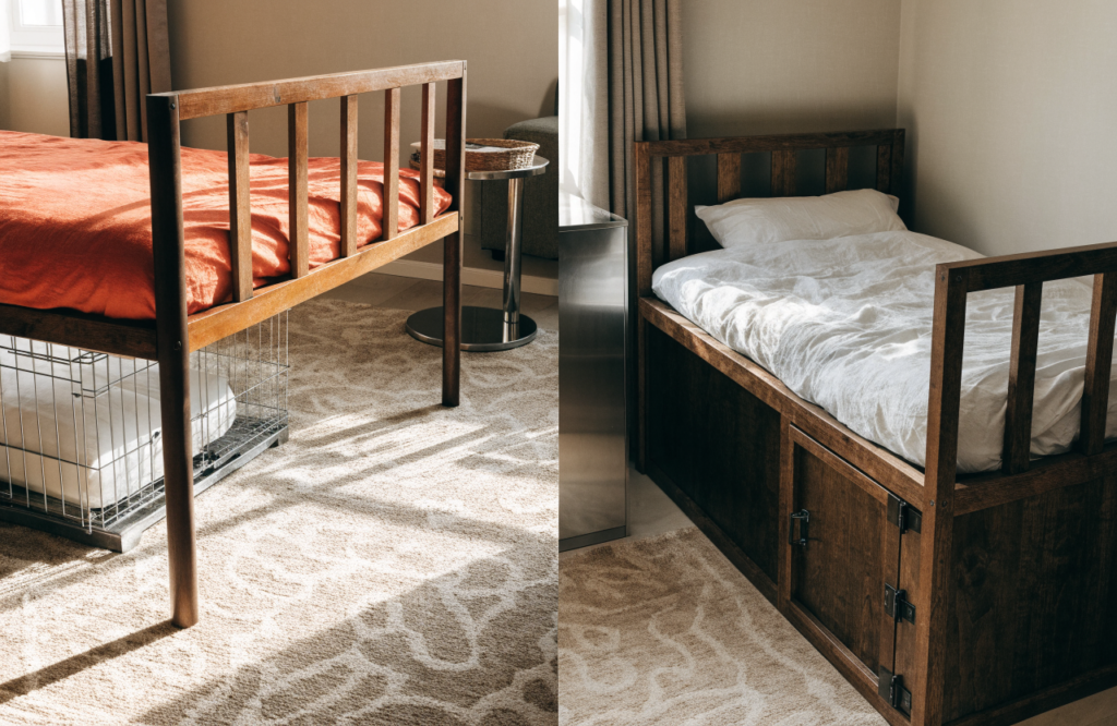 Open bed frame with a crate underneath next to a frame with a built-in kennel