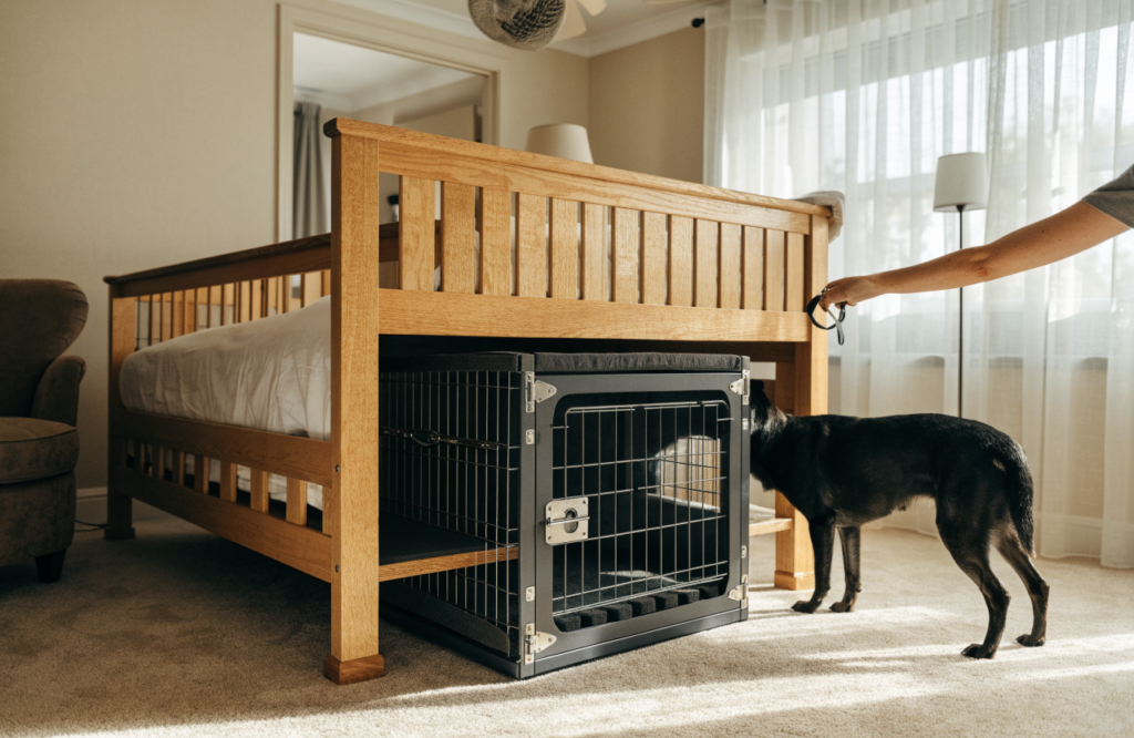 Wire dog crate slid under a raised bed frame