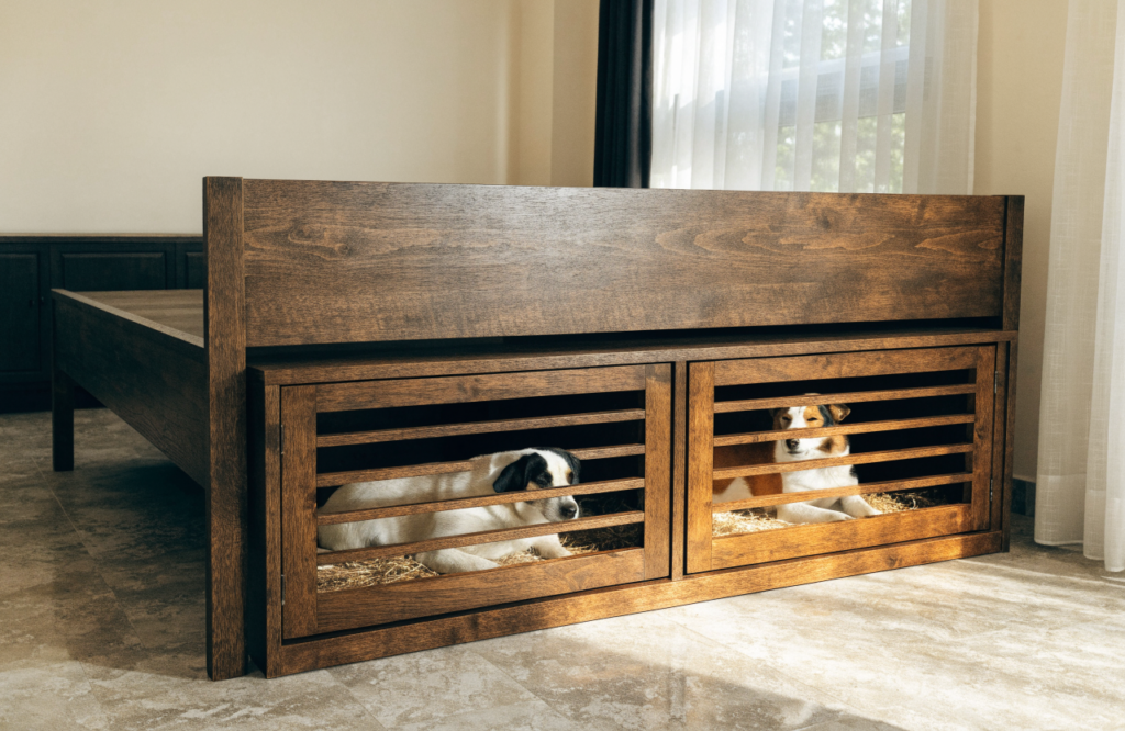 Bed frame with two built-in dog kennel bays and slatted doors