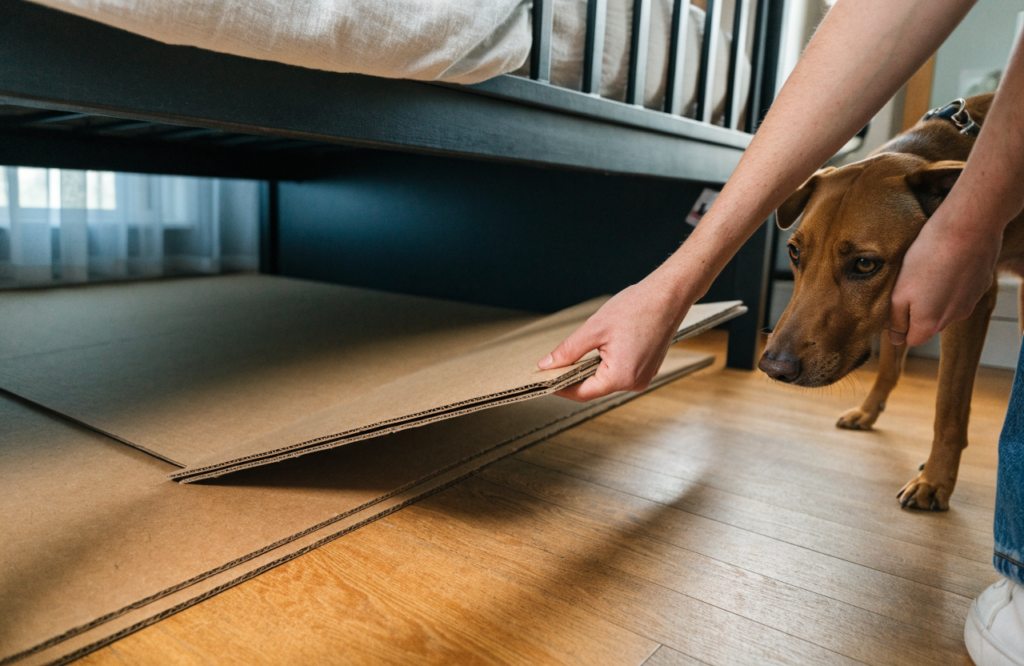 Cardboard template slid under a bed to test clearance for a dog bed