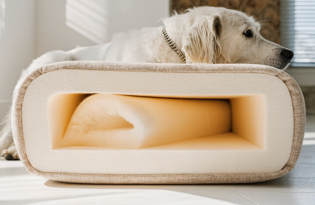 Cutaway of a big dog bed with a high-density foam core