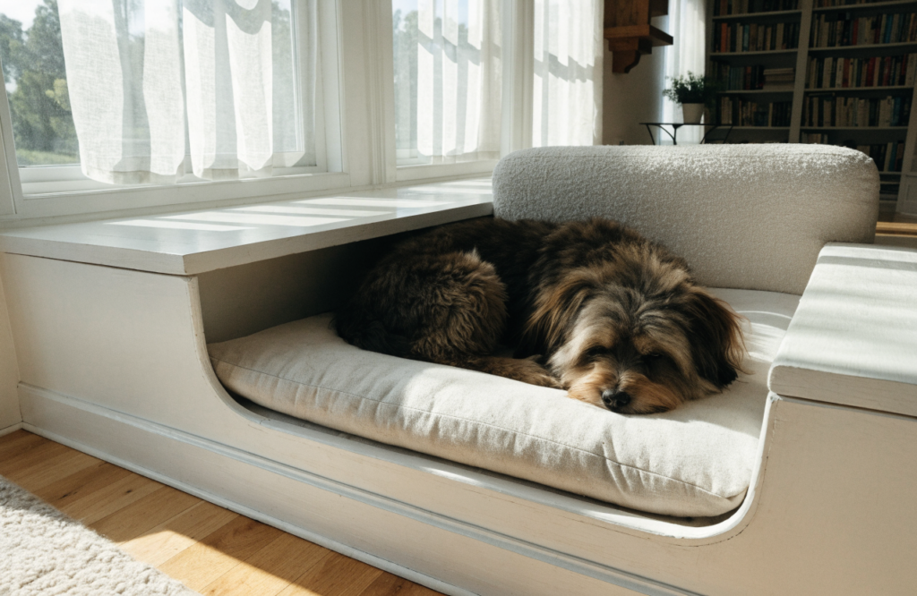Dog in a built-in bed recess in a white window seat