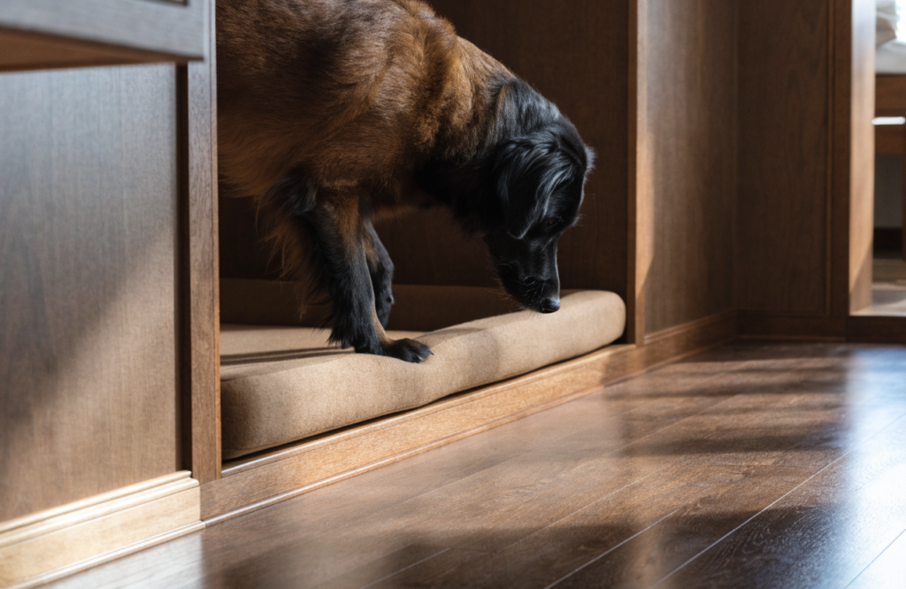 Dog stepping into a solid wood built-in dog bed bay