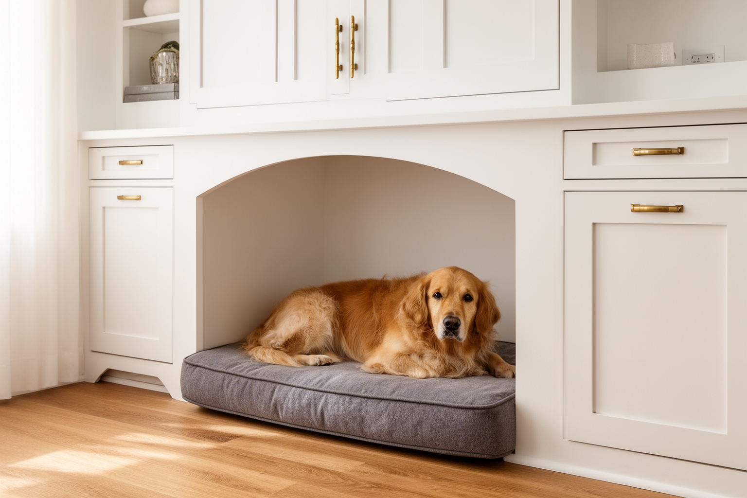 A built-in dog bed nook in white shaker cabinetry with a golden retriever lying on a grey cushion.
