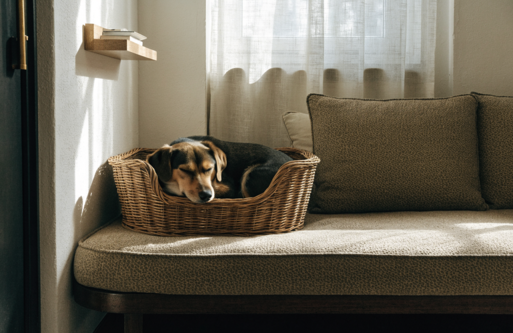 Dog in a basket bed in a living room corner recess