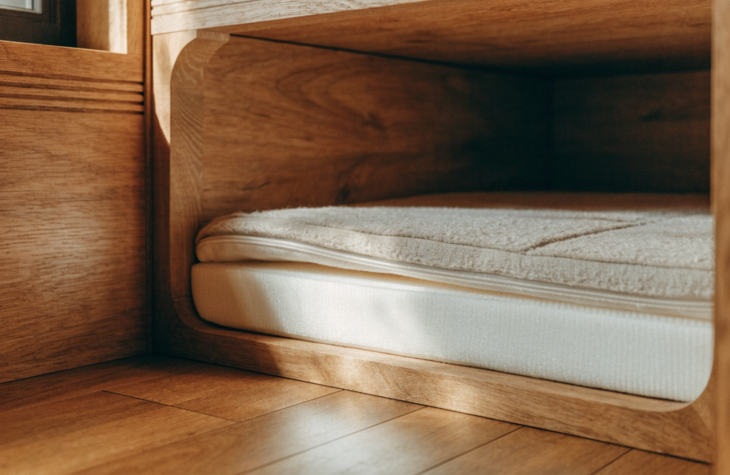 Built-in dog nook with a sealed wood floor and firm foam mattress