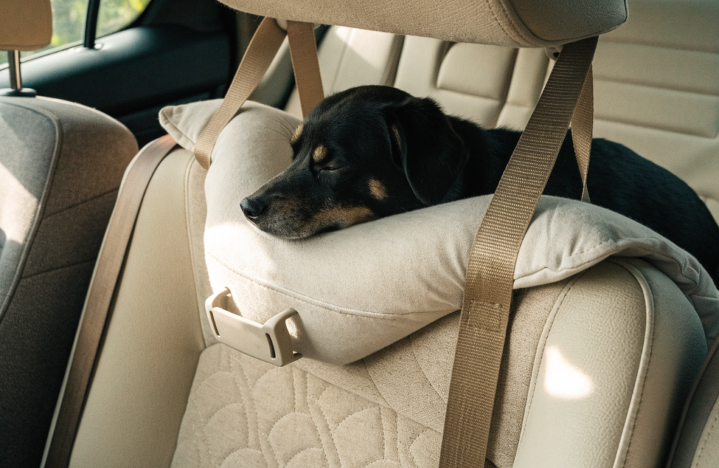 Car dog bed held by headrest straps with a seat-belt pass-through