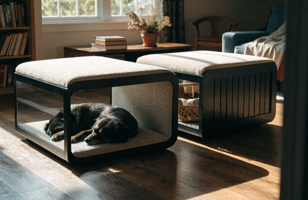 Coffee table dog beds with an open cubby and a closed door