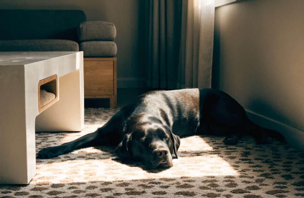 Labrador too long for a small coffee table dog cubby