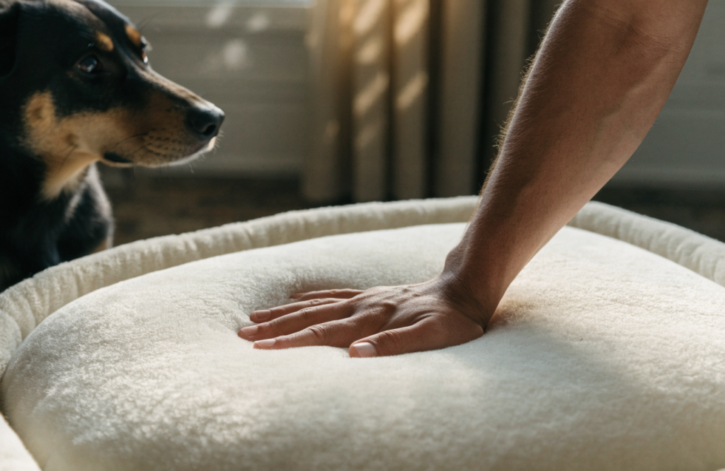 Hand pressing the center of a dog bed to test support