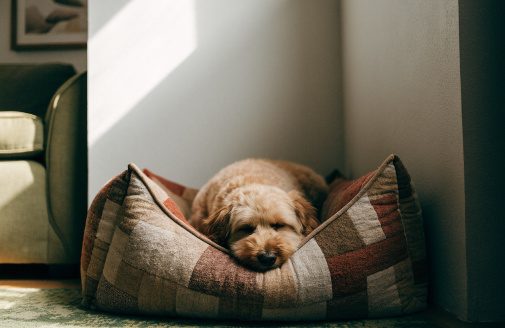 Curled dog resting its head on the rim of a corner dog bed