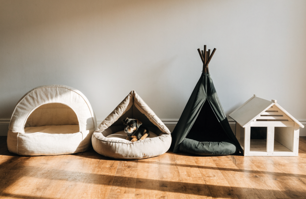Cave, hooded donut, teepee and house-style covered dog beds